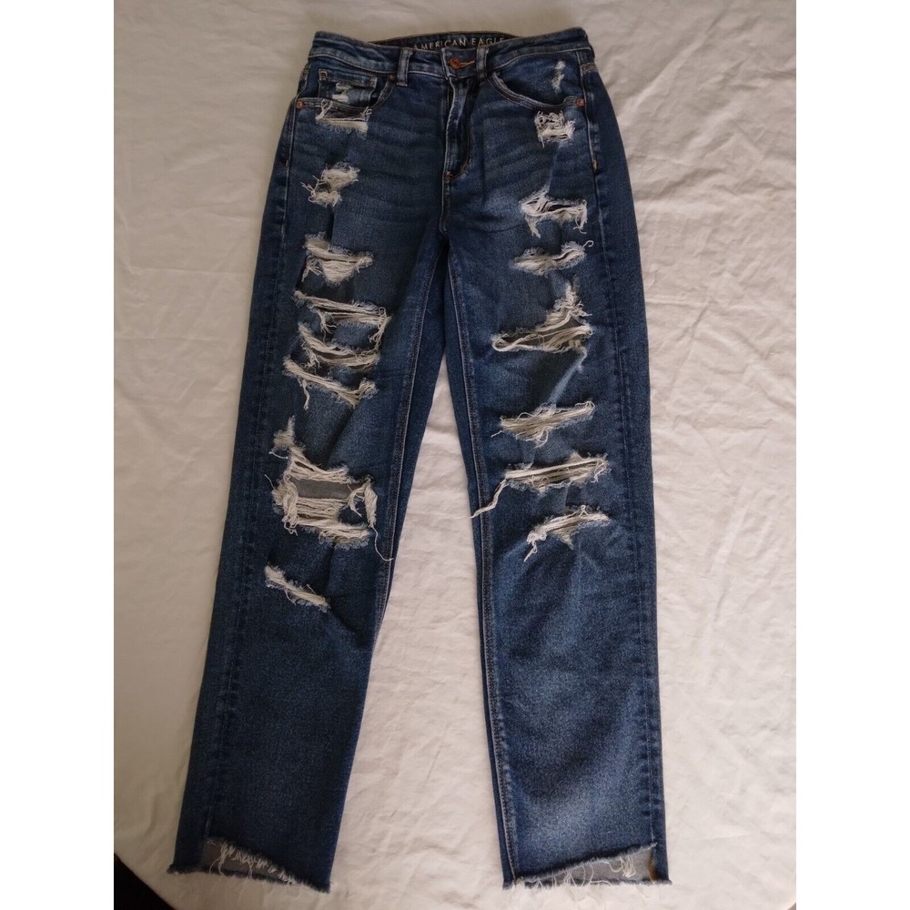 American Eagle High Waist Mom Jeans Women's Size 6 Destroyed Hem Distressed